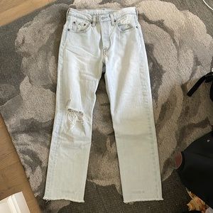 Light wash skinny jeans.